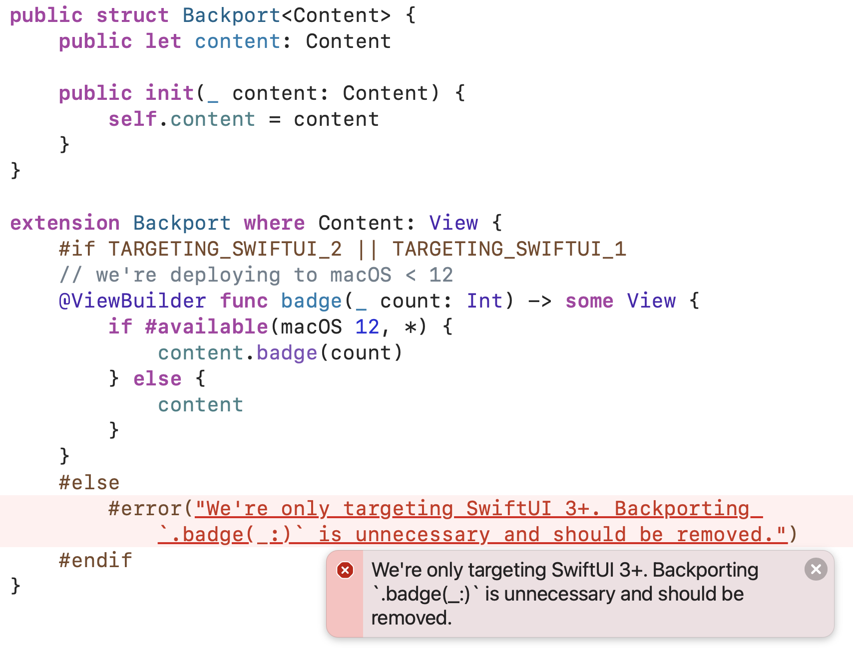 After adjusting the deployment target, our code now produces a compilation error.